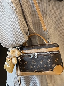 Brown monogram mini box crossbody bag with cute bear charm and double zipper closures
