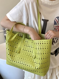 Lime green hollow out tote bag with large capacity and matching inner pouch for women