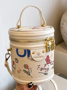 Women Fashion PU Leather Cylinder Bucket Bag Graffiti Printed Fighting Letter Pattern Handbag Commuter Shoulder Crossbody Bag
