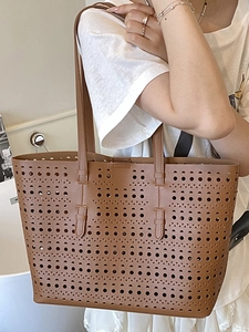 Brown hollow-out laser-cut tote bag with large capacity and inner pouch for women