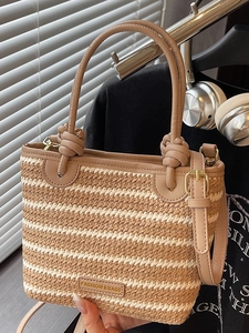 Women Striped Woven Straw Shoulder Bag Bohemian Summer Beach Bucket Bag With Knotted Leather Handle And Adjustable Strap