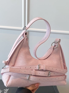 Petit Sac Sous le Bras en PU Style Moto Vintage pour Femmes Sac à Bandoulière Tendance avec Boucle à Plusieurs Brides Chic Sac Croissant Quotidien