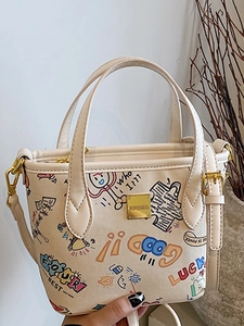 Cute Cartoon Graffiti Printed PU Leather Handbag For Women Fashion Crossbody Bucket Bag Casual Shoulder Bag Gold Hardware