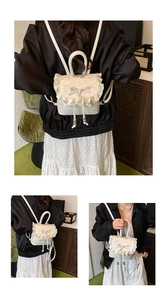Detail view of mini lace backpack with bow ornament and ruffled edges in three angles