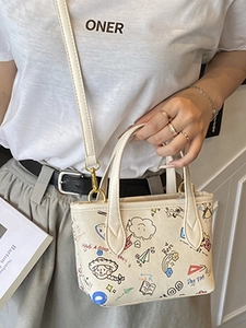 Cute cartoon graffiti bucket bag in cream white with adjustable crossbody strap