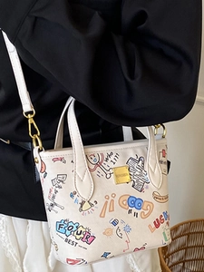 White PU leather bucket bag with colorful cartoon graffiti and gold metal hardware