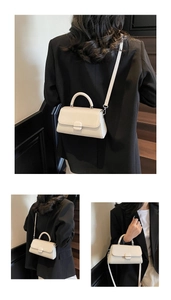 Three-way view of a cream crossbody bag with woven texture and smooth faux leather finish