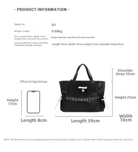 Detailed size guide for black PU tote bag with pink bow and dimensions of 39x10x25 cm