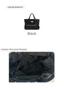 Interior view of black satin tote bag with ruffled design and pink bow charm