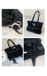 Detail of black glossy tote bag with pink bows and size comparison next to an iPad