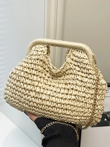 Simple Fashion Hand Woven Straw Bag Women Summer Beach Style Handheld Square Bag Mori Casual Khaki Beige Shoulder Bag With Chain