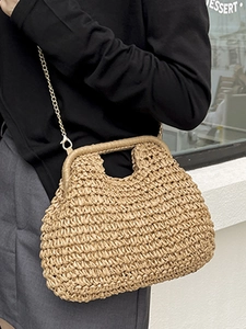 Minimalist straw woven crossbody bag with gold chain strap for summer beach beachwear