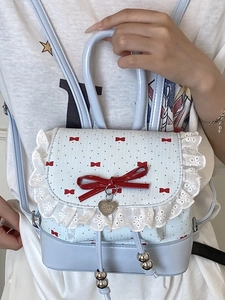 Sweet light blue lace backpack with red bow and heart pendant in casual Korean style