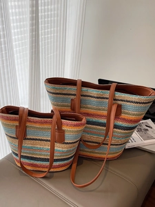 Sommer Stroh Gewebte Tragetasche Mehrfarbig Gestreift Patchwork Schultertasche Für Damen Strand Urlaub Große Kapazität Handtasche