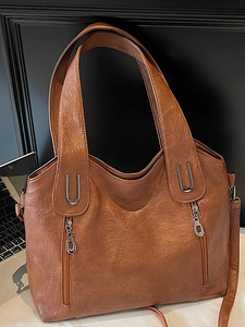 Fashion Large Capacity Women PU Leather Tote Bag Stylish Solid Color Shoulder Bag With Multiple Zipper Pockets Casual Bag