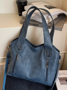 Fashionable blue large capacity tote bag with lychee texture leather and silver zippers