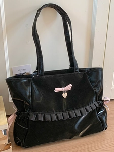 Japanese Pleated Bow Tote Bag Sweet Balletcore Ruffle Shoulder Bag For Women Shiny PU Leather Large Capacity Handbag Heart Pendant