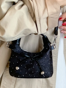Fashionable black pleated dumpling bag with bow detail and silver beads for women
