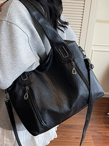 2025 Stylish large black tote bag for women with multi-zipper pockets and PU leather finish