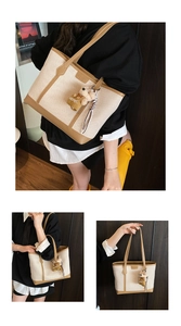 Detailed views of contrast canvas tote bag with brown leather trim and bear pendant