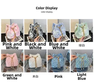 Detailed grid view showing various colors of quilted denim bucket bags with chain straps