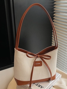 Women Large Capacity Woven Tote Bag Summer Beach Vacation Shoulder Bag Minimalist PU Leather Patchwork Bag With Bow Decoration