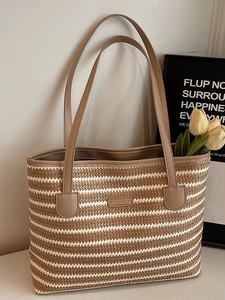 Sac Cabas Femme en Paille Tissée Grande Capacité Rayé Arc-en-ciel Sac à Épaule Minimaliste Sac à Main de Plage Été