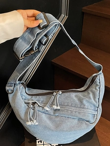 Women Large Capacity Washed Denim Crescent Crossbody Bag Adjustable Wide Strap Japanese Style Casual Denim Shoulder Hobo Bag