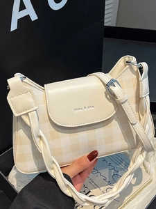 Sac à bandoulière chic à carreaux blanc crème avec sangle tressée et logo miao & she