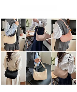 Detailed views of pleated hobo bags in beige, khaki, pink, and black colors on models