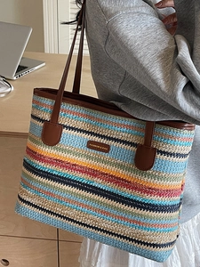 Sac fourre-tout tissé à rayures arc-en-ciel pour femmes avec fibres colorées et anses en cuir