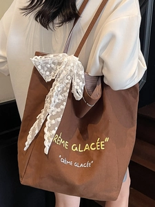 Brown large capacity canvas tote bag with lace bow and Crème Glacée embroidery