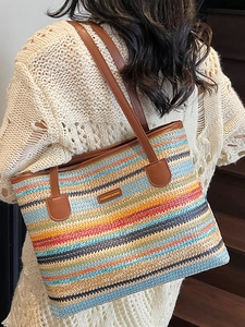 Sac fourre-tout tissé à rayures arc-en-ciel avec poignées en cuir marron pour femmes été