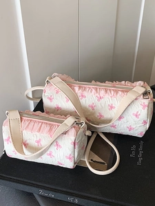 Korean Style Sweet Bowknot Print Ruffle Barrel Bag For Women Versatile Cylinder Shoulder Bag Crossbody Handbag Casual Daily