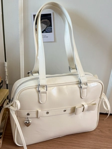 Vintage Academy Style PU Leather Shoulder Bag For Women Large Capacity Heart Pendant Bow Decor Top Handle Handbag JK Uniform Bag