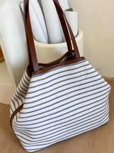 2025 New Korean Style Striped Canvas Tote Bag Large Capacity Women Fashion Casual Commuter Shoulder Bag Leather Handle