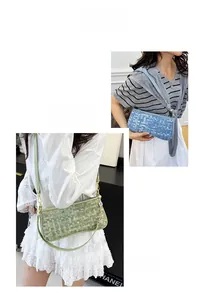 Detail view of woven checkerboard underarm bags in denim blue and matcha green colors