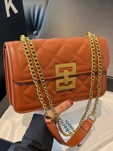 Sac à Bandoulière en Cuir PU Matelassé pour Femmes Serrure Géométrique Chaîne Dorée Sac Carré Petit Été Chic