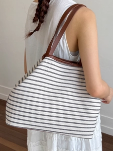 Large striped canvas tote bag with brown leather straps for casual office fashion
