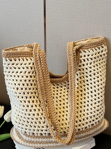 Hollow out woven cotton shoulder bag with two-tone beige and tan mesh for summer beach