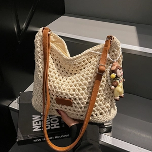 Women Summer Woven Hollow Out Shoulder Bag Cotton Knitting Tote Beach Vacation Handmade Hobo Bag Large Capacity Shopping Bag