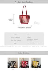 Detailed dimension guide for red and white striped canvas tote with size measurements