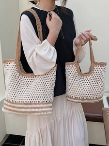 Chic hollow out cotton woven shoulder bag set for beach vacation and casual summer style