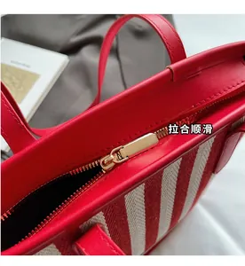 Detailed close-up of smooth gold metal zipper and red leather trim on striped tote bag