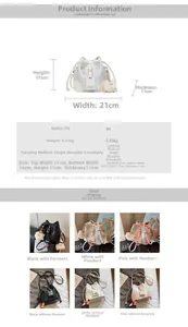 Detailed size chart showing 21x17x11cm dimensions for the PU leather bucket bag