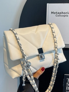 Women Fashion V-Quilted Underarm Bag PU Leather Shoulder Bag With Silver Metal Chain Strap Square Lock Daily Crossbody Bag