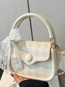 Women Sweet Checkerboard Grid Shoulder Bag With Lace Bow PU Leather Small Square Bag Crossbody Handbag For Daily Shopping