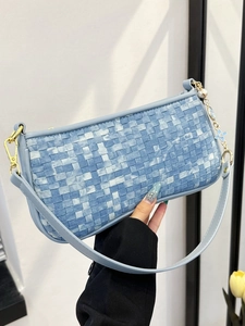 Women Woven Checkerboard Underarm Bag Minimalist PU Leather Shoulder Bag With Chain Flower Charm Versatile Baguette Bag