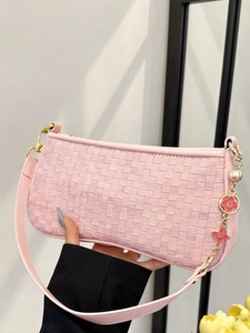 Pink woven checkerboard underarm bag for women with decorative floral pearl charms