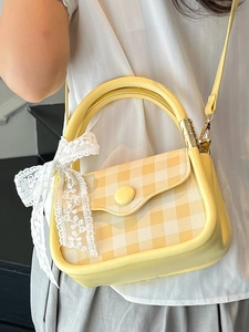 Chic yellow checkered small square handbag with white lace bow and adjustable shoulder strap